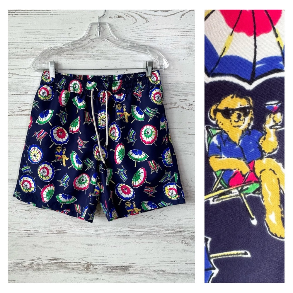POLO RALPH LAUREN Teddy Bear Topical Swim Trunks S Navy